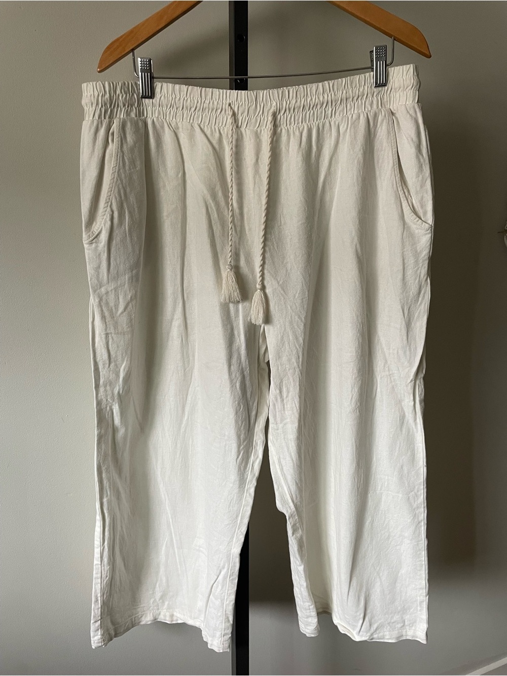 Penmans Linen Blend Wide Leg Tassel Pant Cropped White Coastal Boho White XL